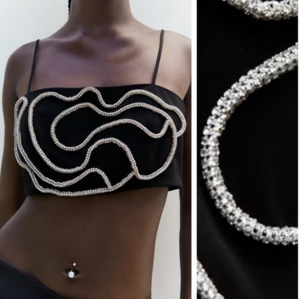 ZARA Rhinestone Black Strappy Crop Top